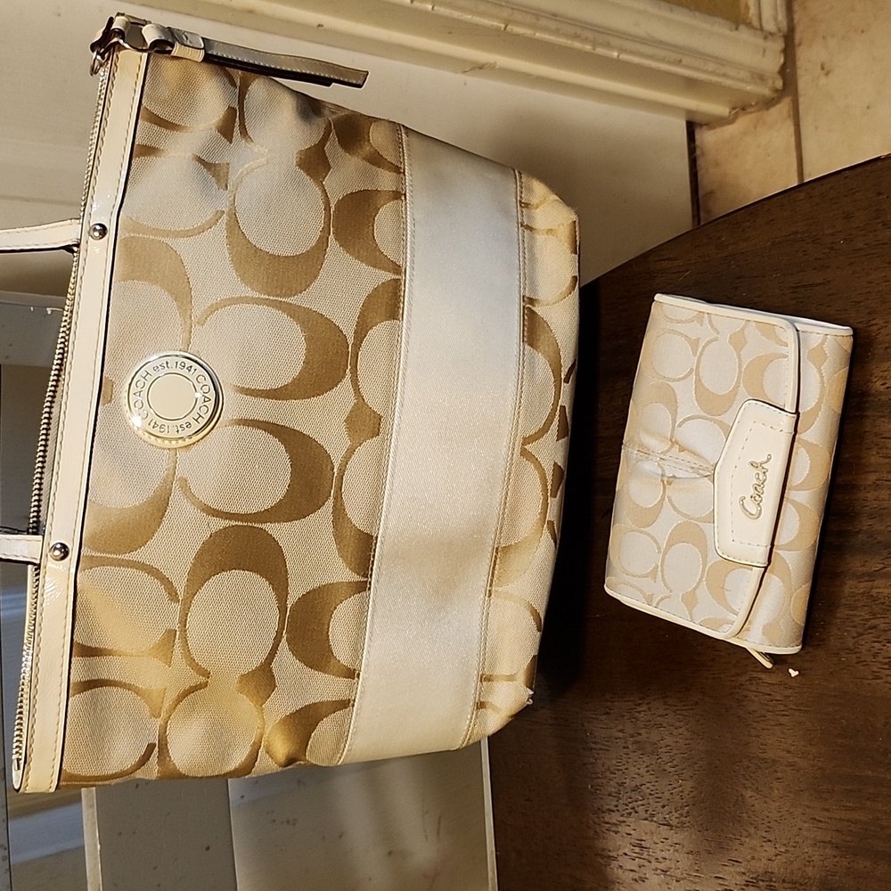 Coach Cream and Tan Signature Shoulder Bag